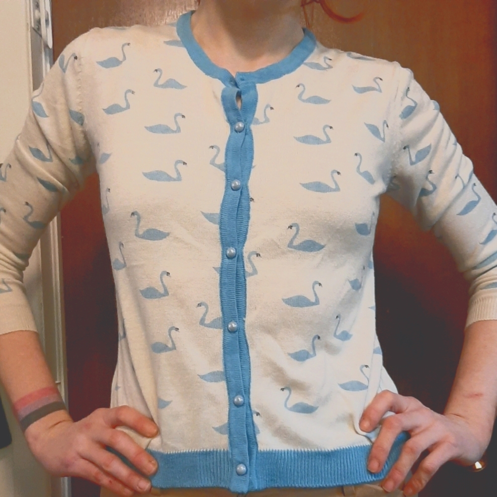Pearl-buttoned 3/4-sleeve Cardigan | Blue Swan Motif | NWOT